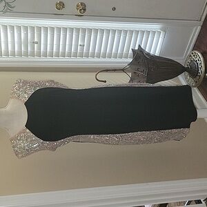 R&M Richards Petite dress black tan silver sequins sleeveless stretch lined 14P…